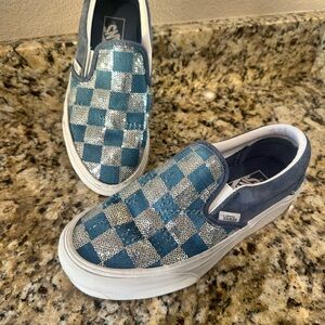Vans Glittery Blue and Silver Checkered Slip-On Sneakers
